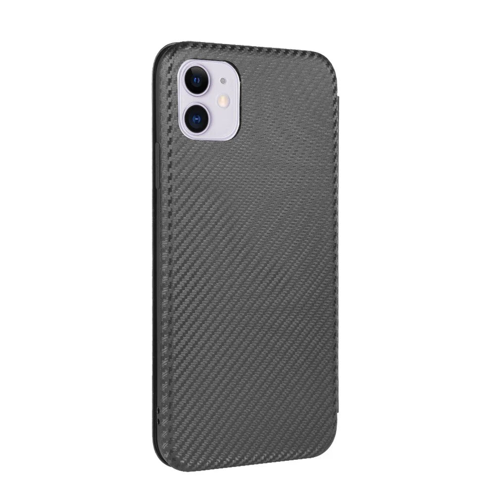 Carbon Fiber Auto-absorbed Stand Leather Mobile Case for iPhone 12 Pro/12 - Black - 7