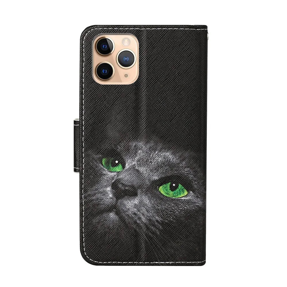 Pattern Printing Case PU Leather Wallet Shell with Stand for iPhone 12 mini - Black Cat - 2