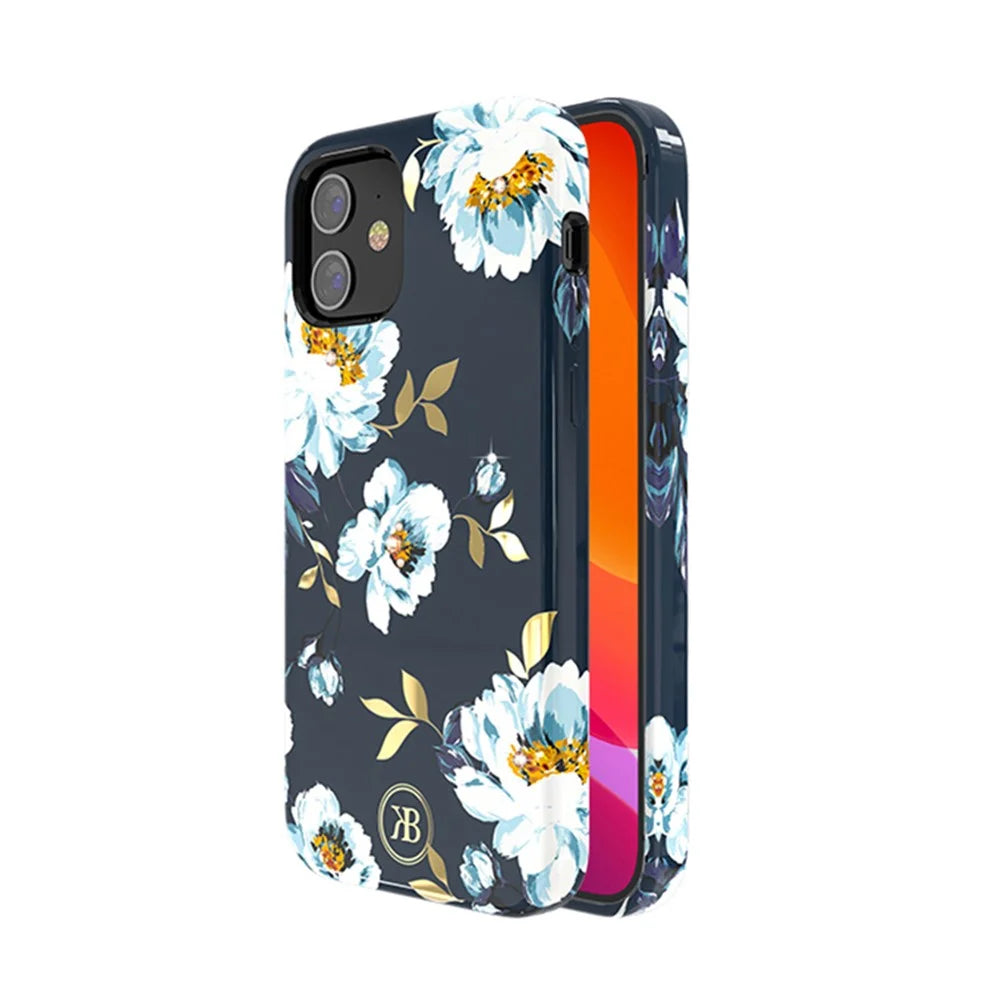 KINGXBAR Pattern Printing PC+TPU Phone Case for iPhone 12 mini 5.4 inch - Blue Flower - 1