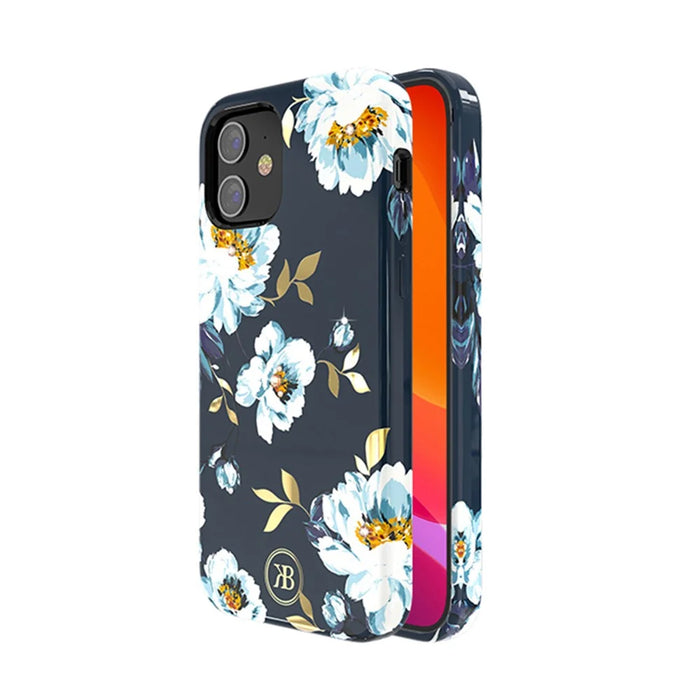 KINGXBAR Pattern Printing PC+TPU Phone Case for iPhone 12 mini 5.4 inch - Blue Flower - 1
