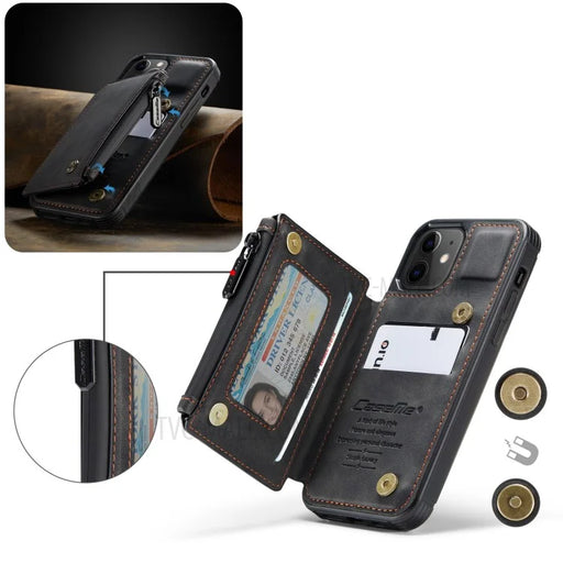 CASEME C20 Series RFID Blocking Card Slot Holder Magnetic Zipper PU Leather Wallet Kickstand Protective Case for iPhone 12 / 12 Pro 6.1 inch - Black - 1