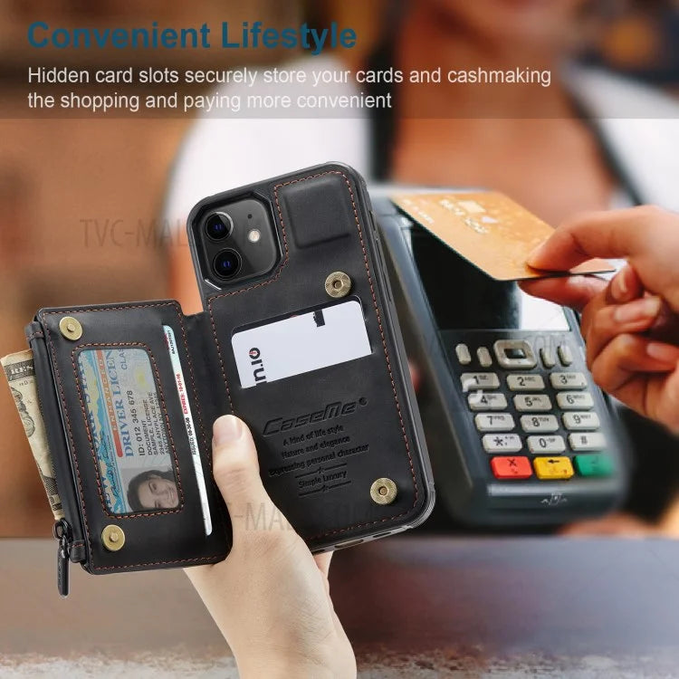 CASEME C20 Series RFID Blocking Card Slot Holder Magnetic Zipper PU Leather Wallet Kickstand Protective Case for iPhone 12 / 12 Pro 6.1 inch - Black - 2