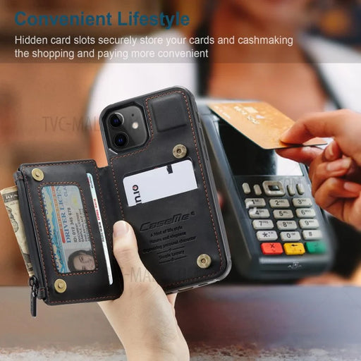 CASEME C20 Series RFID Blocking Card Slot Holder Magnetic Zipper PU Leather Wallet Kickstand Protective Case for iPhone 12 / 12 Pro 6.1 inch - Black - 2