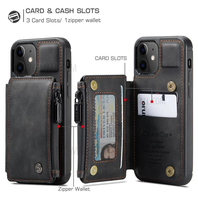 CASEME C20 Series RFID Blocking Card Slot Holder Magnetic Zipper PU Leather Wallet Kickstand Protective Case for iPhone 12 / 12 Pro 6.1 inch - Black - 4