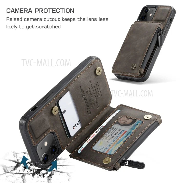 CASEME C20 Series RFID Blocking Card Slot Holder Magnetic Zipper PU Leather Wallet Kickstand Protective Case for iPhone 12 / 12 Pro 6.1 inch - Black - 6