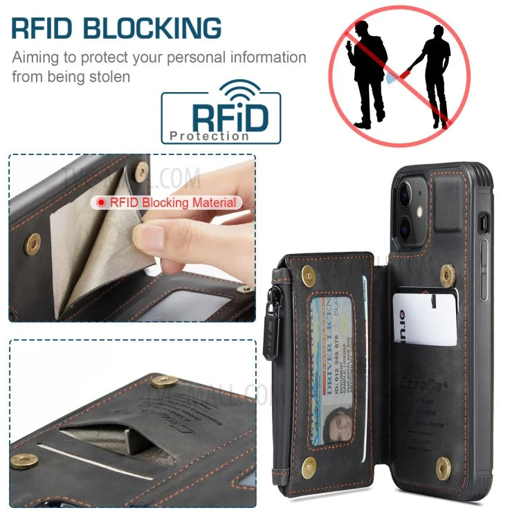 CASEME C20 Series RFID Blocking Card Slot Holder Magnetic Zipper PU Leather Wallet Kickstand Protective Case for iPhone 12 / 12 Pro 6.1 inch - Black - 7
