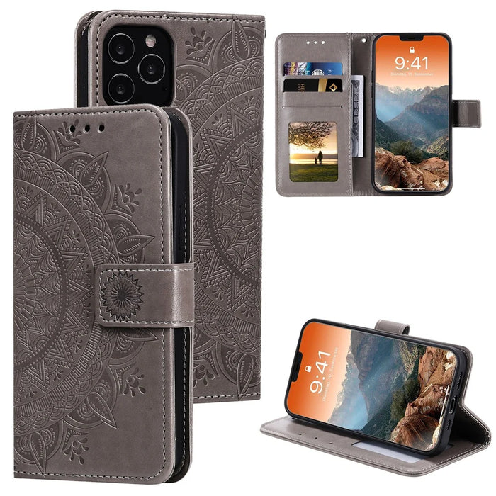 Imprinted Mandala Flower Wallet Leather Flip Cover with Strap for iPhone 12 Pro Max 6.7 inch - Grey - 1