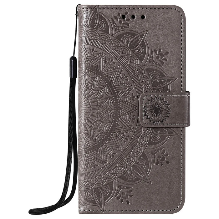 Imprinted Mandala Flower Wallet Leather Flip Cover with Strap for iPhone 12 Pro Max 6.7 inch - Grey - 3