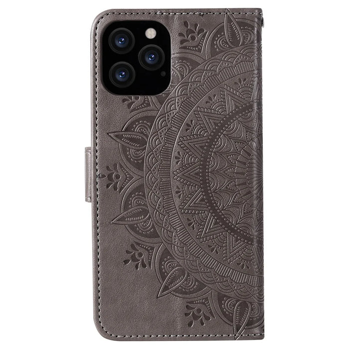 Imprinted Mandala Flower Wallet Leather Flip Cover with Strap for iPhone 12 Pro Max 6.7 inch - Grey - 4