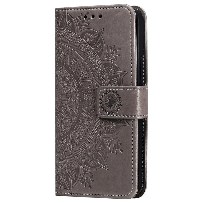 Imprinted Mandala Flower Wallet Leather Flip Cover with Strap for iPhone 12 Pro Max 6.7 inch - Grey - 6