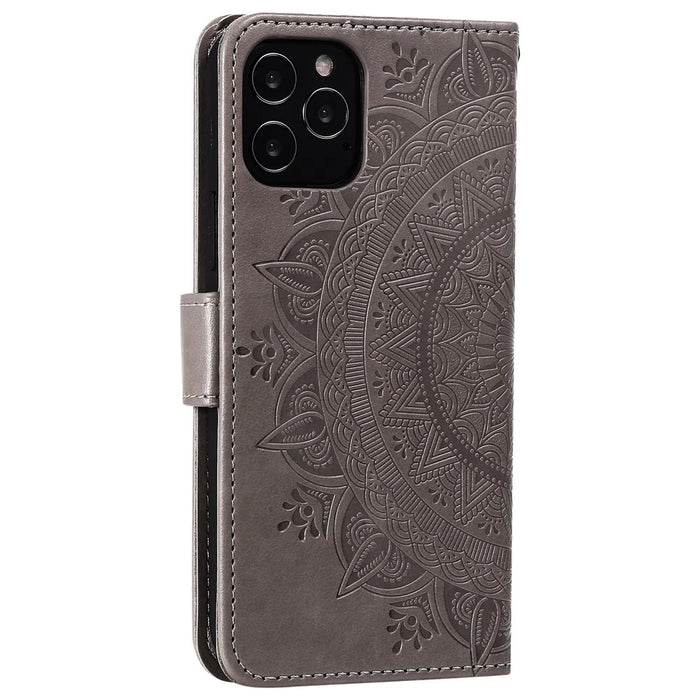 Imprinted Mandala Flower Wallet Leather Flip Cover with Strap for iPhone 12 Pro Max 6.7 inch - Grey - 7