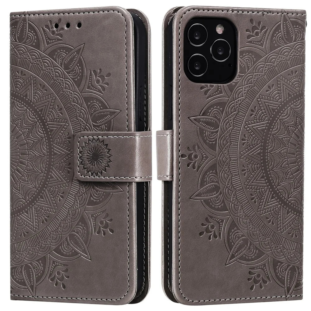 Mandala Flower Imprinted PU Leather Magnetic Wallet Case TPU Inner Flip Folio Stand Cover with Strap for iPhone 12 / 12 Pro 6.1 inch - Grey - 1