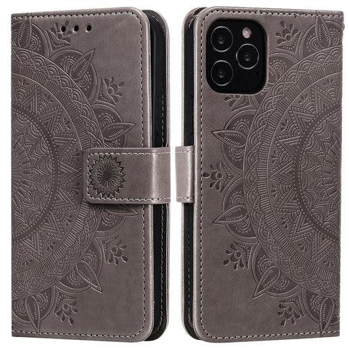 Mandala Flower Imprinted PU Leather Magnetic Wallet Case TPU Inner Flip Folio Stand Cover with Strap for iPhone 12 / 12 Pro 6.1 inch - Grey - 1