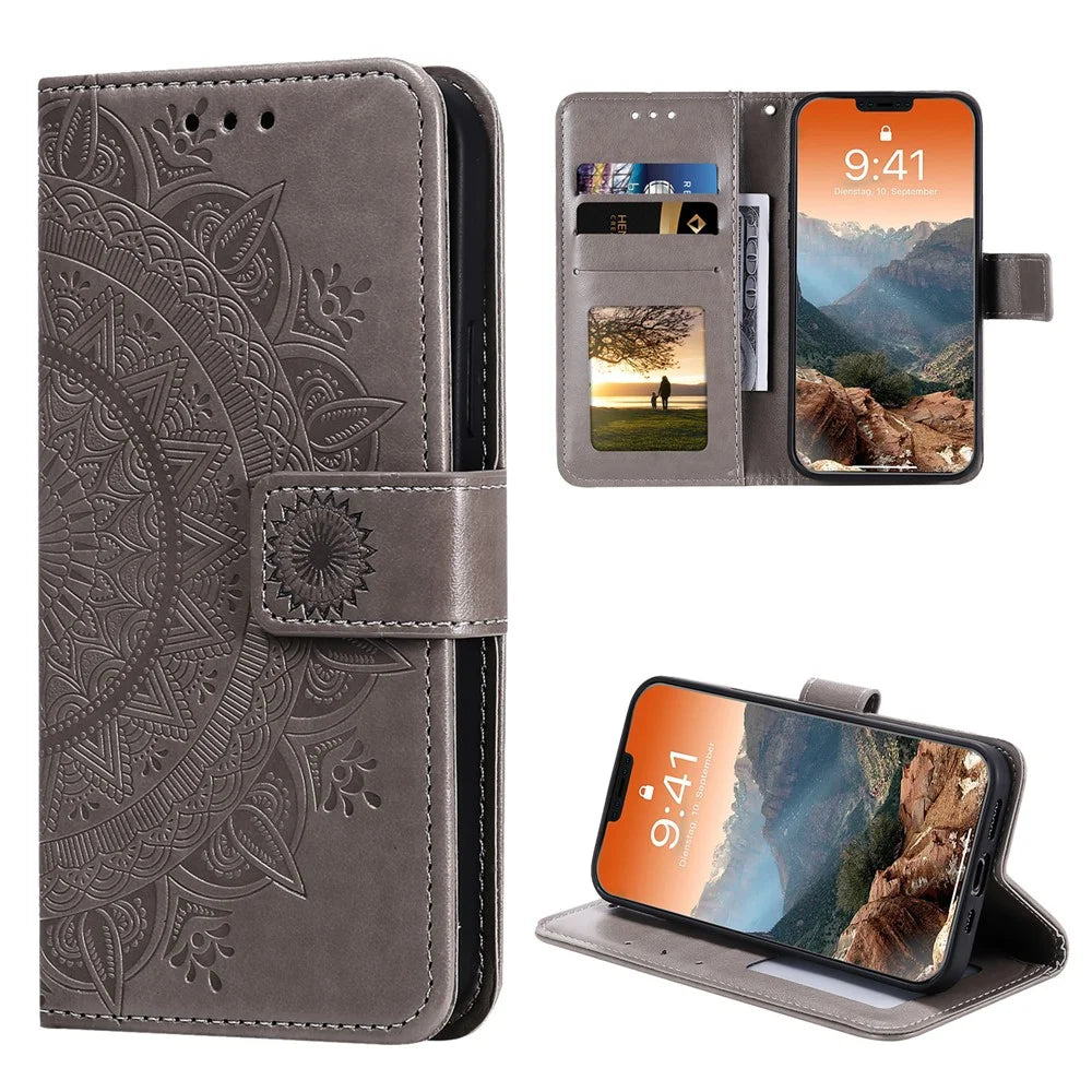 Mandala Flower Imprinted PU Leather Magnetic Wallet Case TPU Inner Flip Folio Stand Cover with Strap for iPhone 12 / 12 Pro 6.1 inch - Grey - 2
