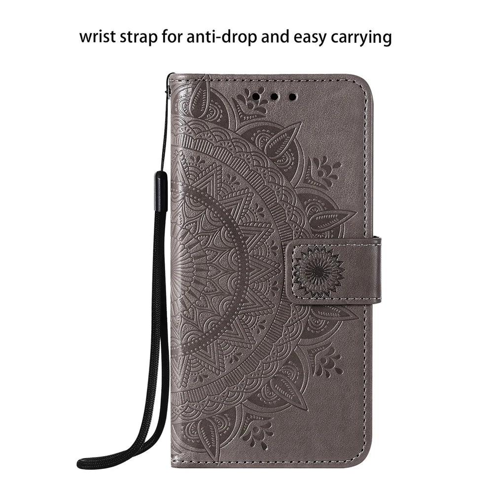 Mandala Flower Imprinted PU Leather Magnetic Wallet Case TPU Inner Flip Folio Stand Cover with Strap for iPhone 12 / 12 Pro 6.1 inch - Grey - 3