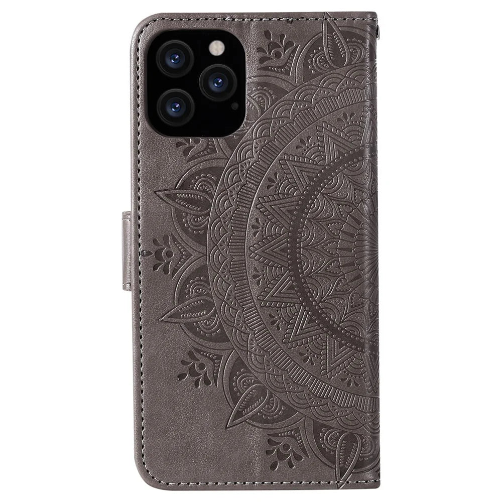 Mandala Flower Imprinted PU Leather Magnetic Wallet Case TPU Inner Flip Folio Stand Cover with Strap for iPhone 12 / 12 Pro 6.1 inch - Grey - 4