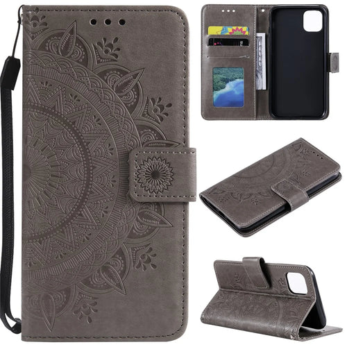 Imprinted Mandala Flower PU Leather Wallet Case Stand Magnetic Closure Flip Cover with Lanyard for iPhone 12 mini 5.4 inch - Grey - 1