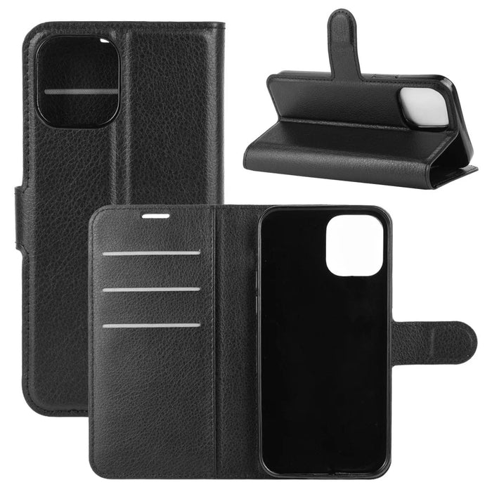 Litchi Texture Leather Wallet Shell Stand Phone Case for iPhone 12 Pro Max 6.7 inch - Black - 1