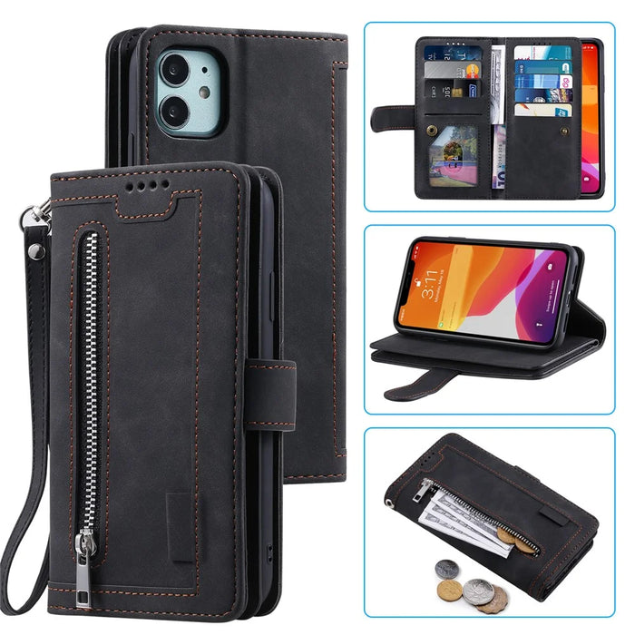 Zipper Pocket 9 Card Slots Leather Wallet Case for iPhone 12 mini 5.4 inch - Black - 1