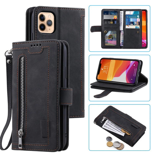 Zipper Pocket 9 Card Slots Leather Wallet Case for iPhone 12 Pro/12 - Black - 1