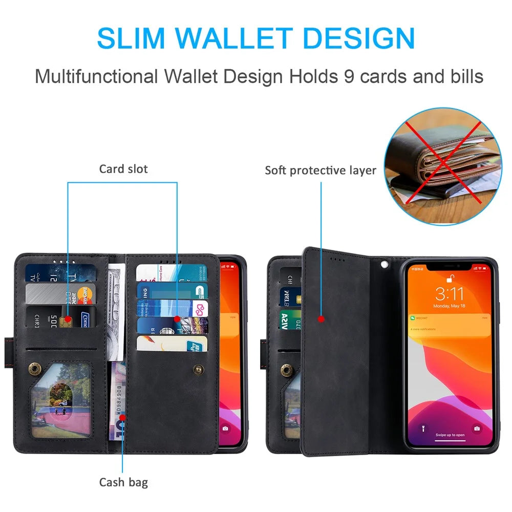 Zipper Pocket 9 Card Slots Leather Wallet Case for iPhone 12 Pro/12 - Black - 3