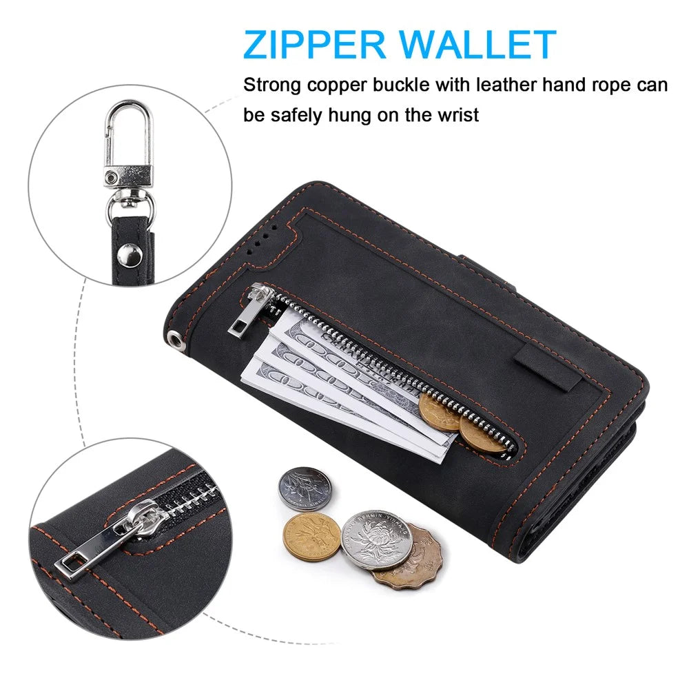 Zipper Pocket 9 Card Slots Leather Wallet Case for iPhone 12 Pro/12 - Black - 4