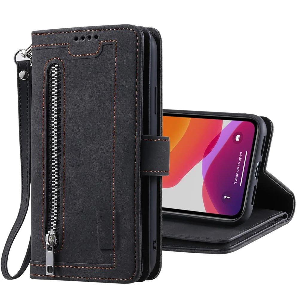 Zipper Pocket 9 Card Slots Leather Wallet Case for iPhone 12 Pro/12 - Black - 7