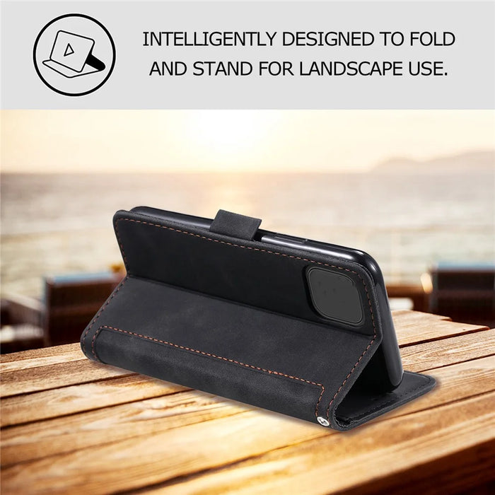 Vintage Splicing Style Cover Stand Leather Flip Shell for iPhone 12 Pro/12 - Black - 7