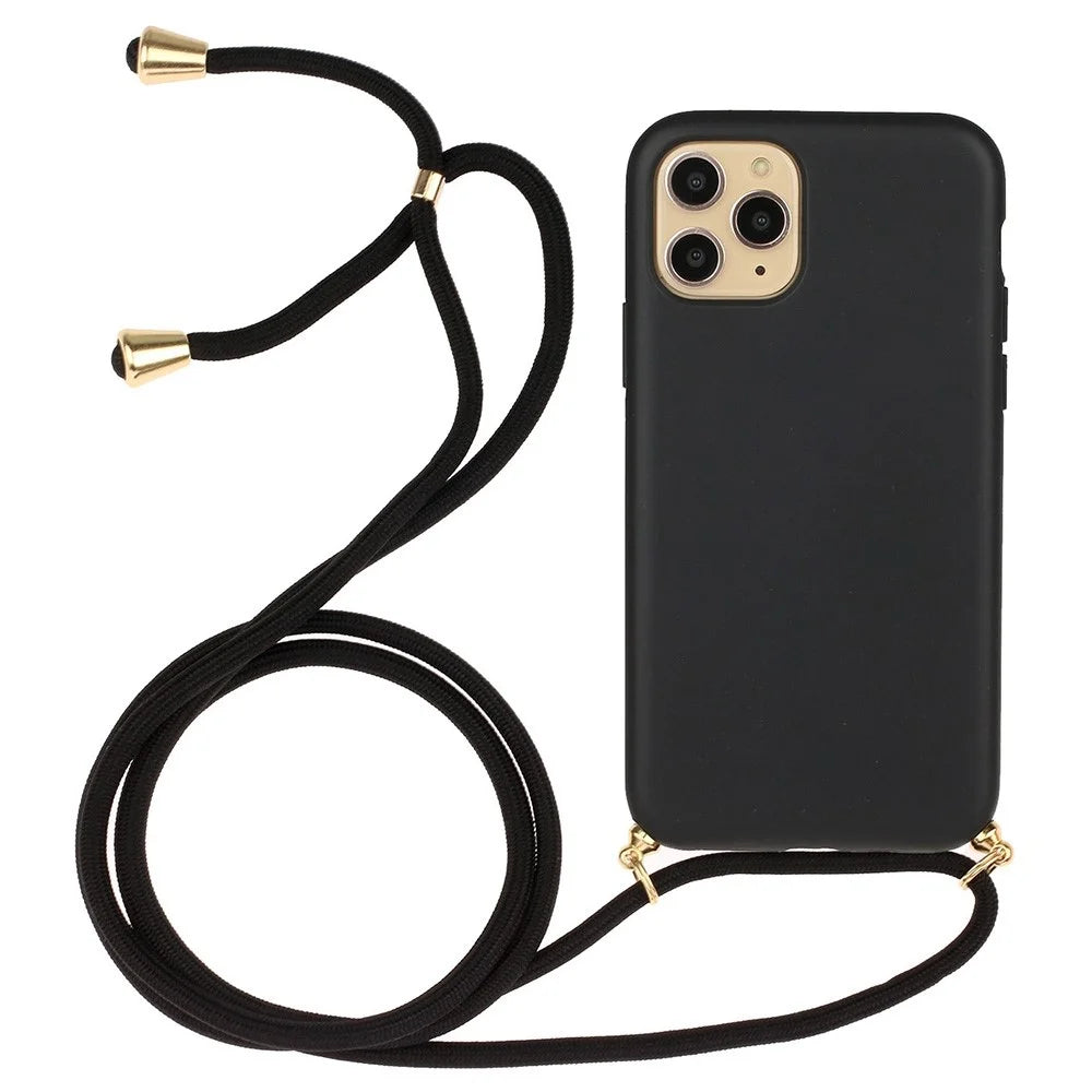 For iPhone 12 Pro/12 6.1 inch Natural Wheat Straw Soft TPU Phone Cover with Multi-function Strap - Black - 1