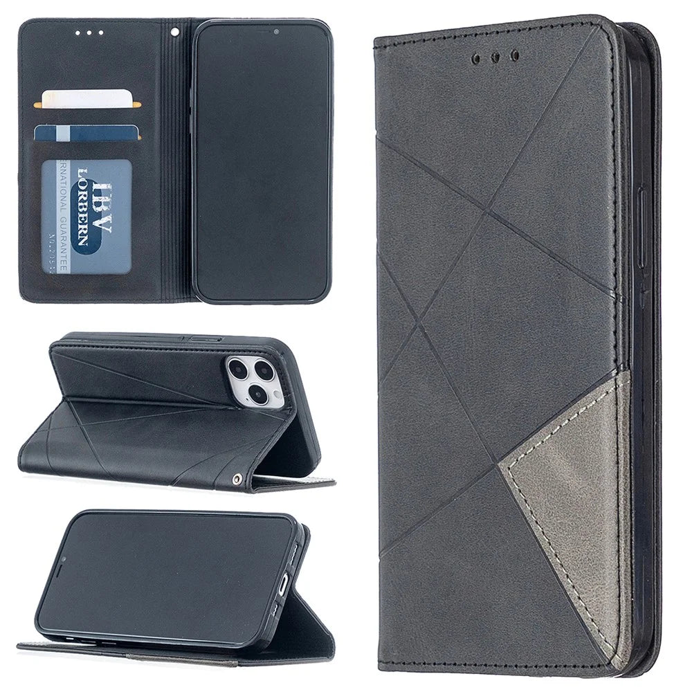 Geometric Pattern Leather Stand Case with Card Slots for iPhone 12 Pro / 12 - Black - 1
