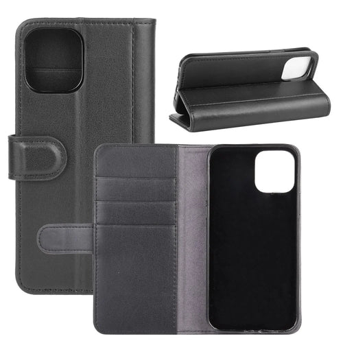 For iPhone 12 mini Phone Cases Genuine Split Leather Wallet Mobile Cover Stand - Black - 1