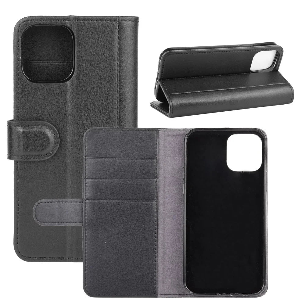 For iPhone 12 mini Phone Cases Genuine Split Leather Wallet Mobile Cover Stand - Black - 1