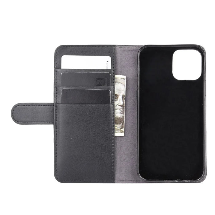For iPhone 12 mini Phone Cases Genuine Split Leather Wallet Mobile Cover Stand - Black - 3