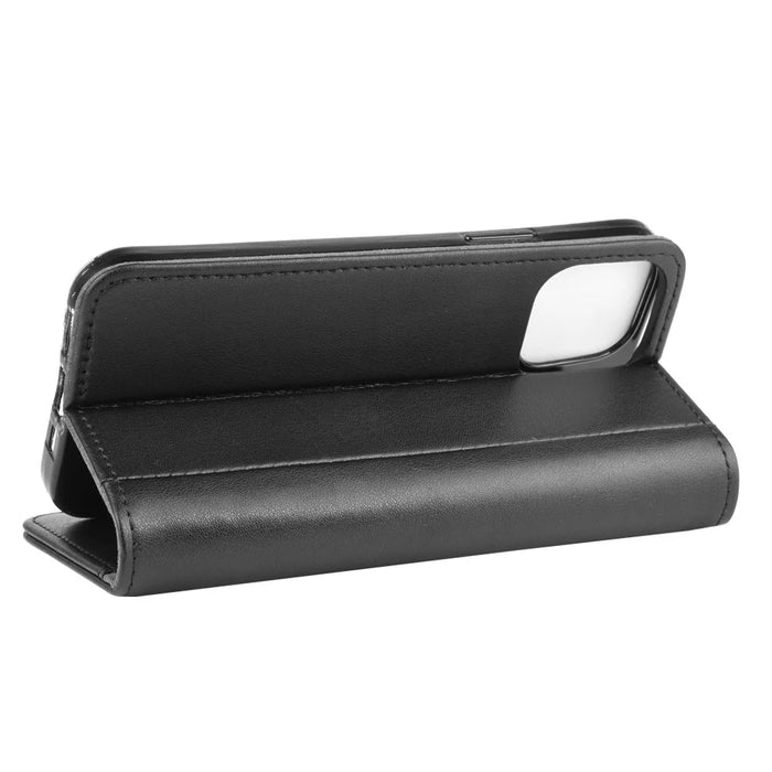 For iPhone 12 mini Phone Cases Genuine Split Leather Wallet Mobile Cover Stand - Black - 7