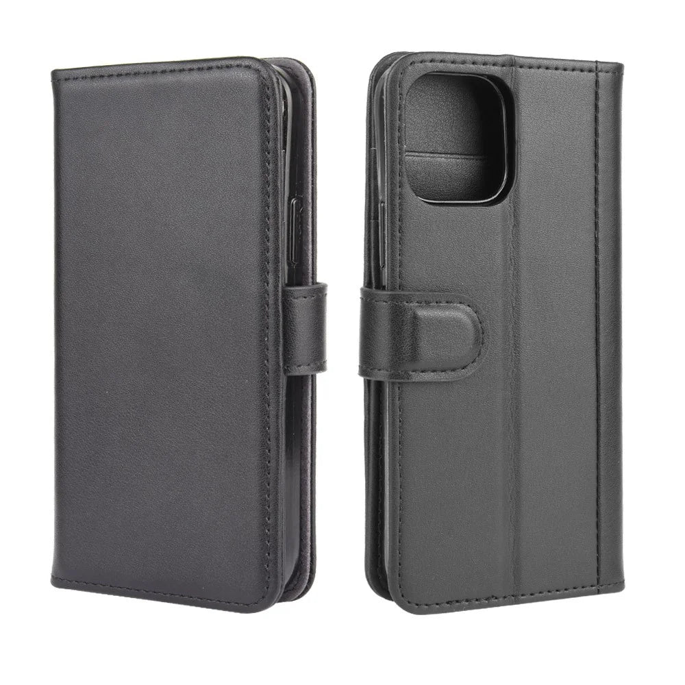 For iPhone 12 Pro Max Phone Cases Genuine Split Leather Wallet Mobile Cover Stand - Black - 2