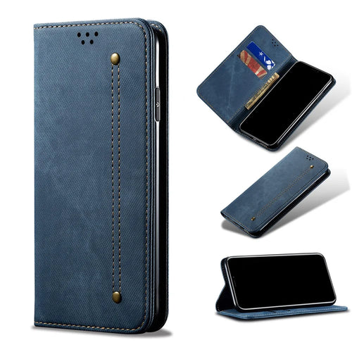 Jeans Cloth Texture Wallet Leather Mobile Phone Protective Cover for iPhone 12 Pro/12 - Blue - 1