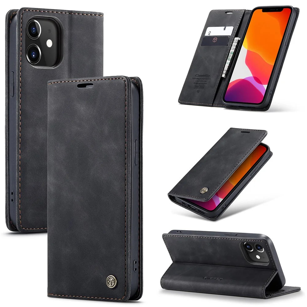CASEME 013 Series Wallet Stand Auto-absorbed Leather Cover for iPhone 12 mini - Black - 1