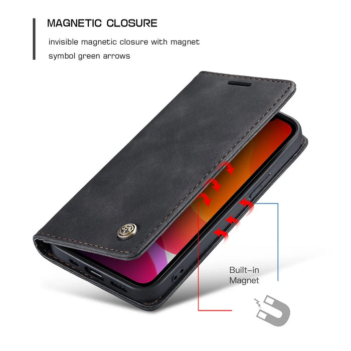 CASEME 013 Series Wallet Stand Auto-absorbed Leather Cover for iPhone 12 mini - Black - 3