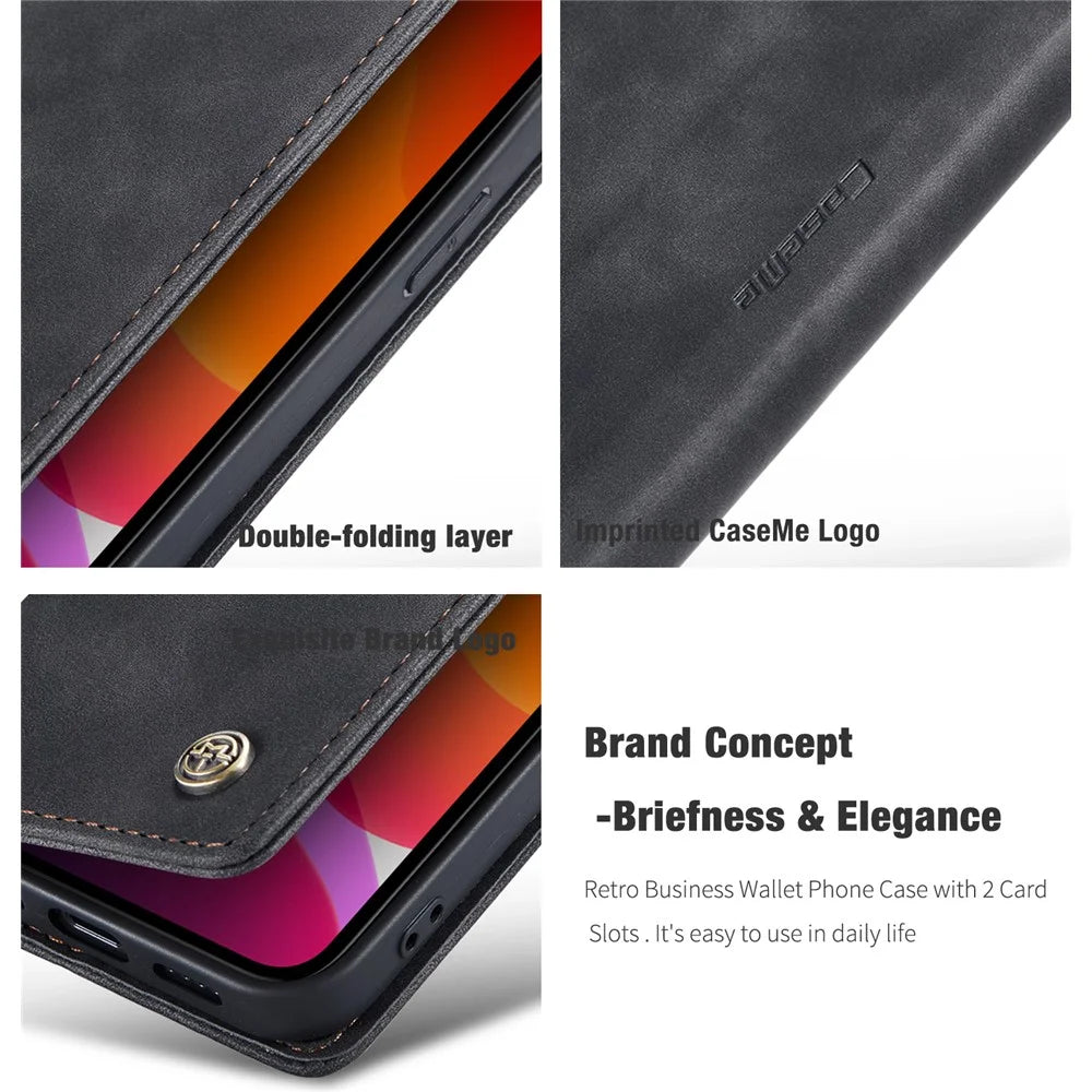 CASEME 013 Series For iPhone 12 Pro / 12 Auto-Absorbed Leather Stand Cover Flip Shell with Wallet - Black - 4