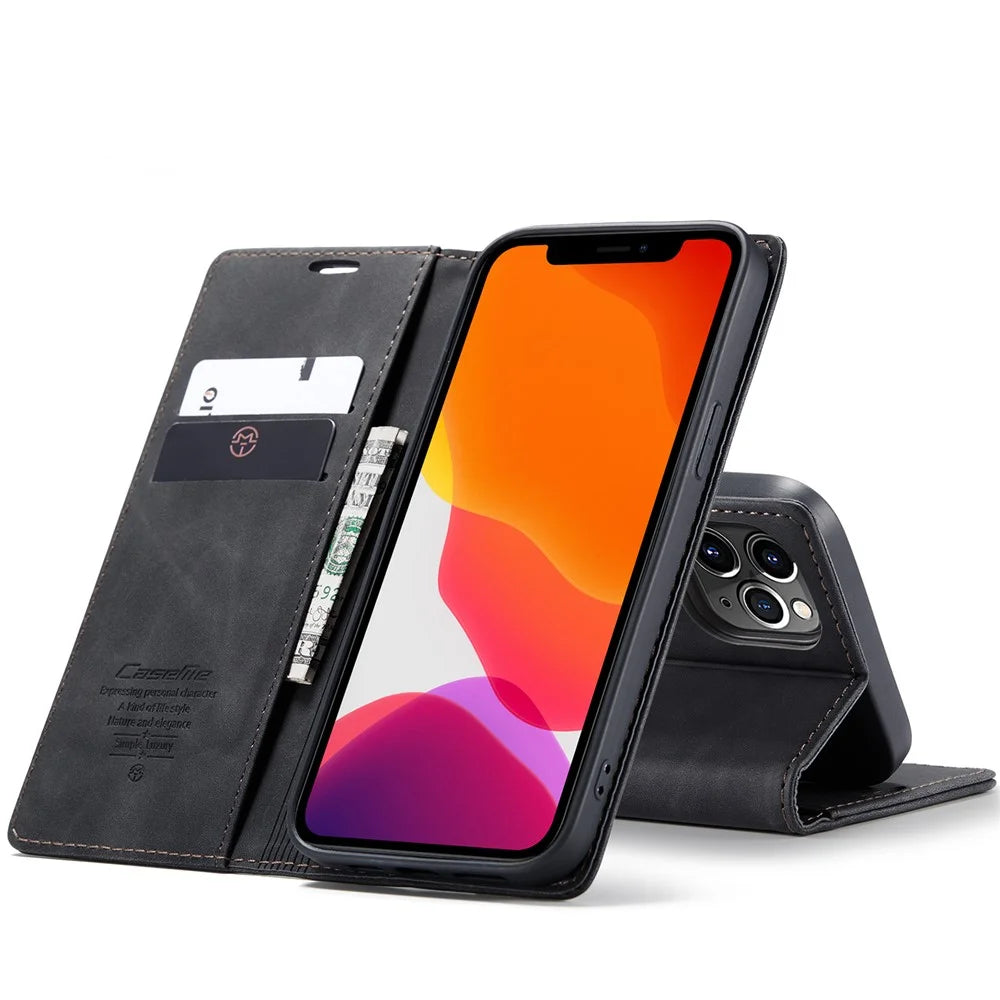 CASEME 013 Series Wallet Auto-absorbed Leather Flip Case for iPhone 12 Pro Max 6.7 inch - Black - 6