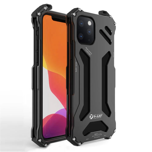 R-JUST Shockproof Metal Cool Stylish Design Mobile Phone Case for iPhone 12 - Black - 1