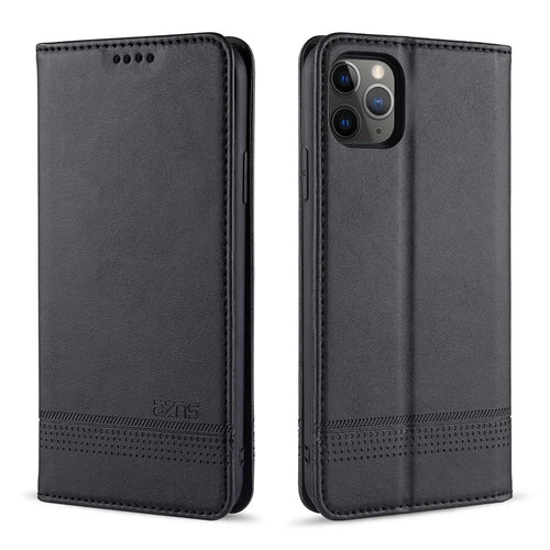 AZNS Magnetic Absorbed Leather Wallet Cover Case for iPhone 12 Pro/12 - Black - 1