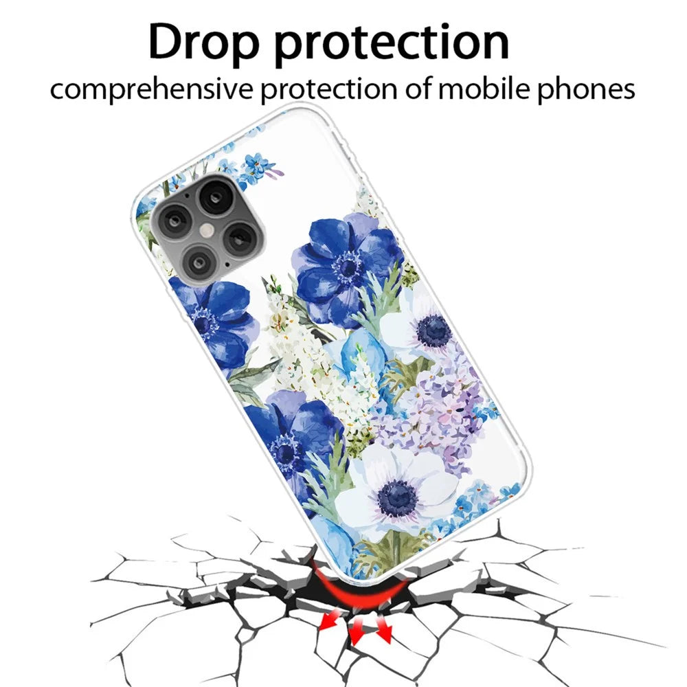 Printing Skin Flexible TPU Protective Cover for iPhone 12 Pro/12 - Blue Flowers - 2