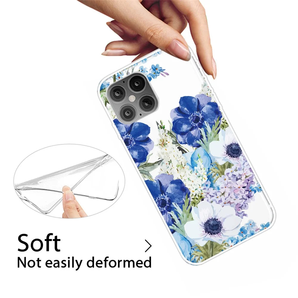 Printing Skin Flexible TPU Protective Cover for iPhone 12 Pro/12 - Blue Flowers - 3