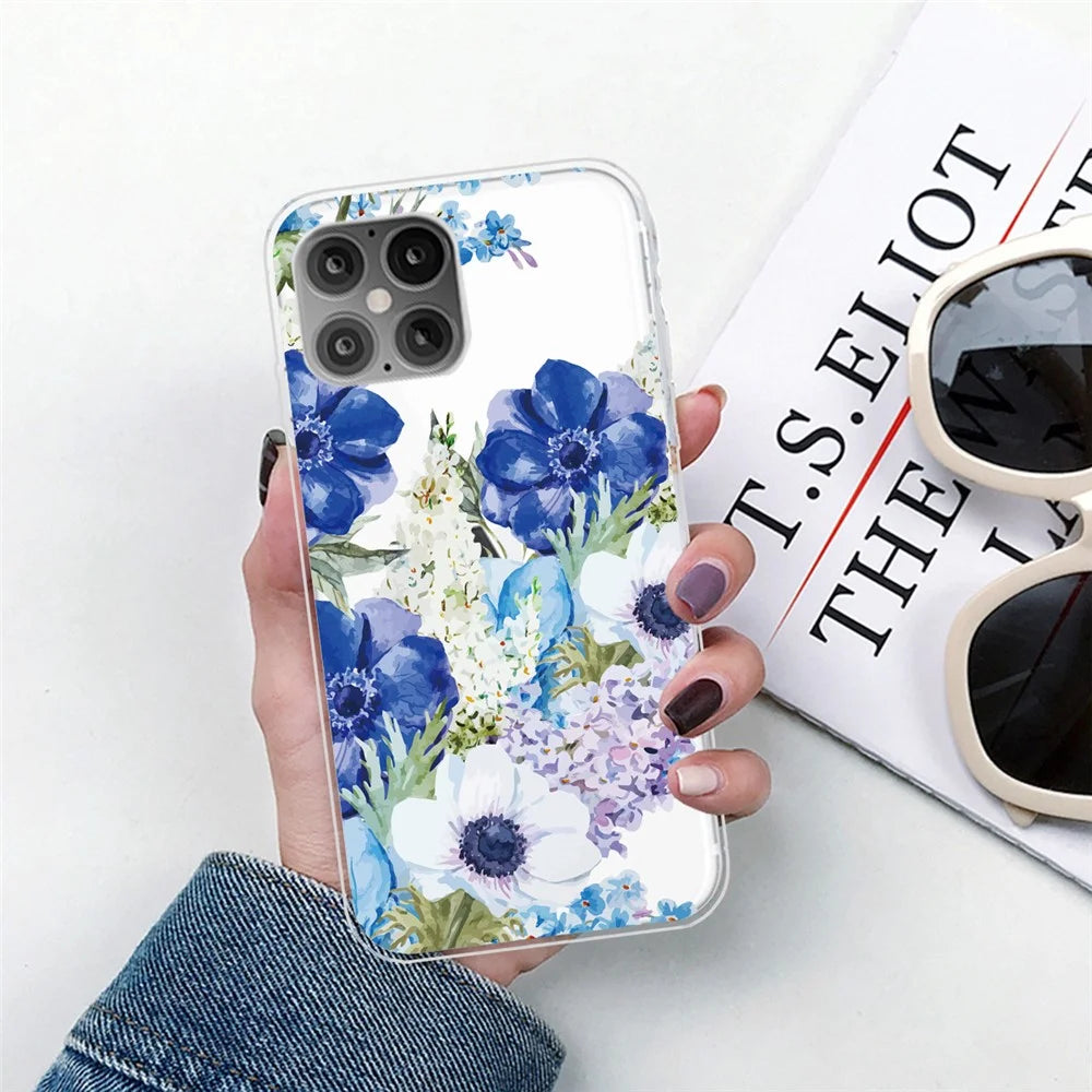 Printing Skin Flexible TPU Protective Cover for iPhone 12 Pro/12 - Blue Flowers - 4