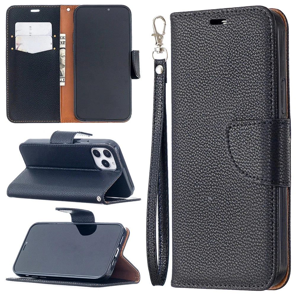 Litchi Surface with Wallet Leather Stand Case for iPhone 12 Pro/12 - Black - 1