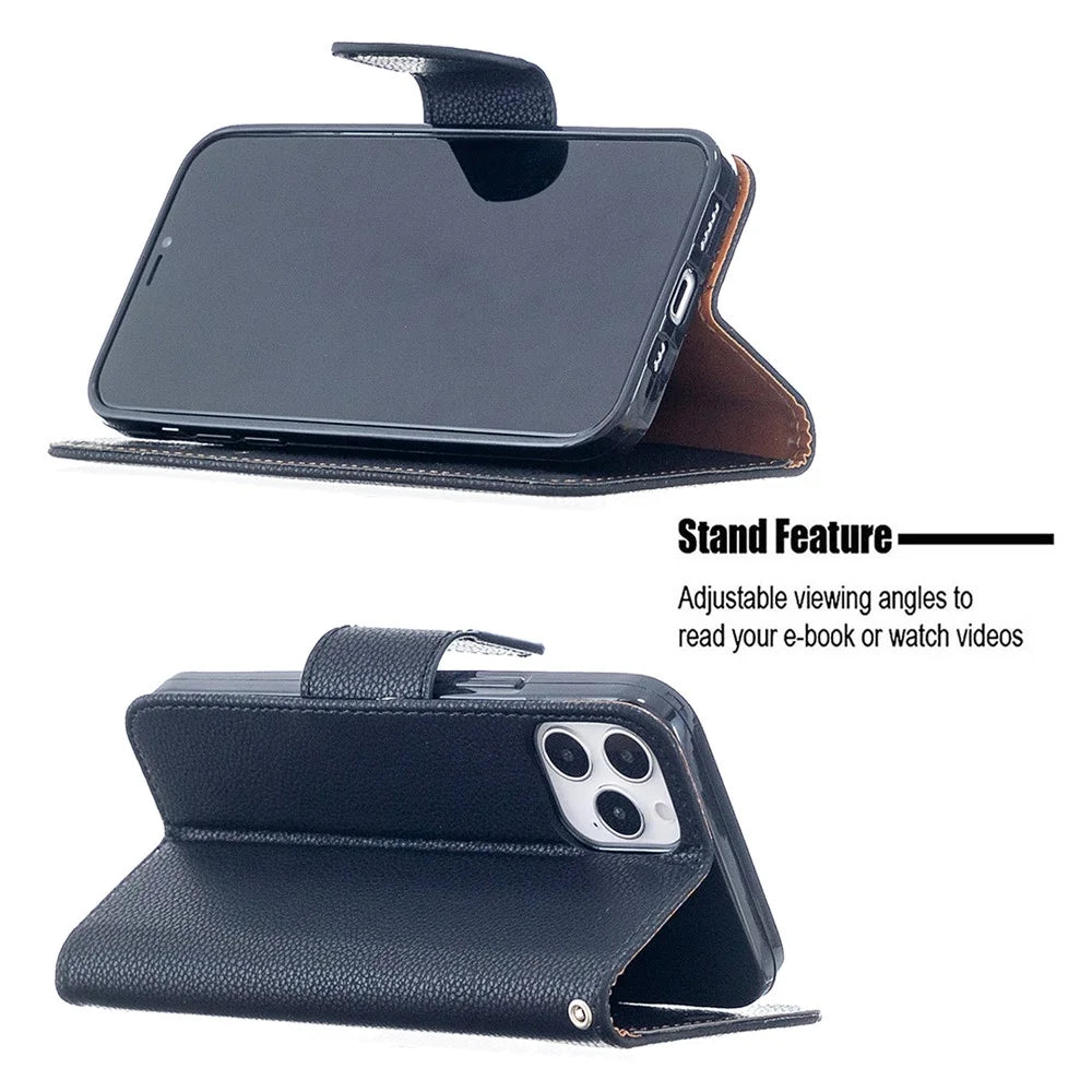 Litchi Surface with Wallet Leather Stand Case for iPhone 12 Pro/12 - Black - 2