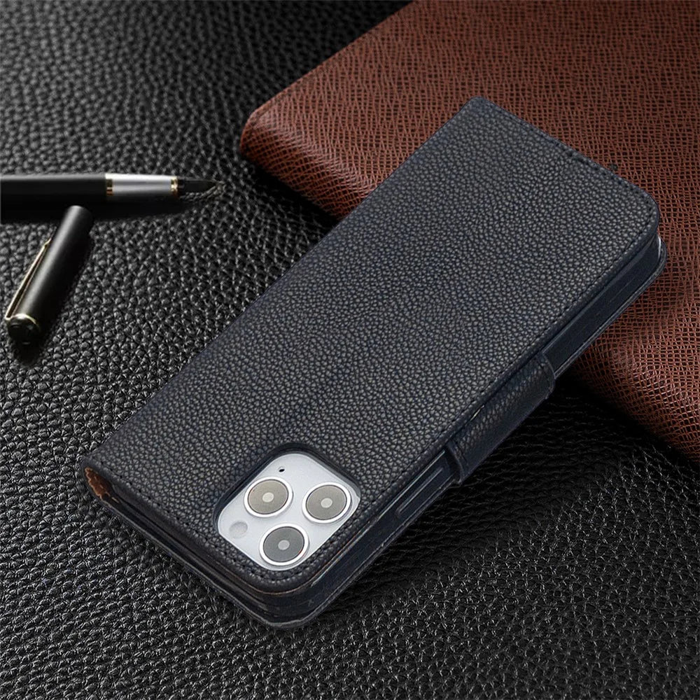 Litchi Surface with Wallet Leather Stand Case for iPhone 12 Pro/12 - Black - 5