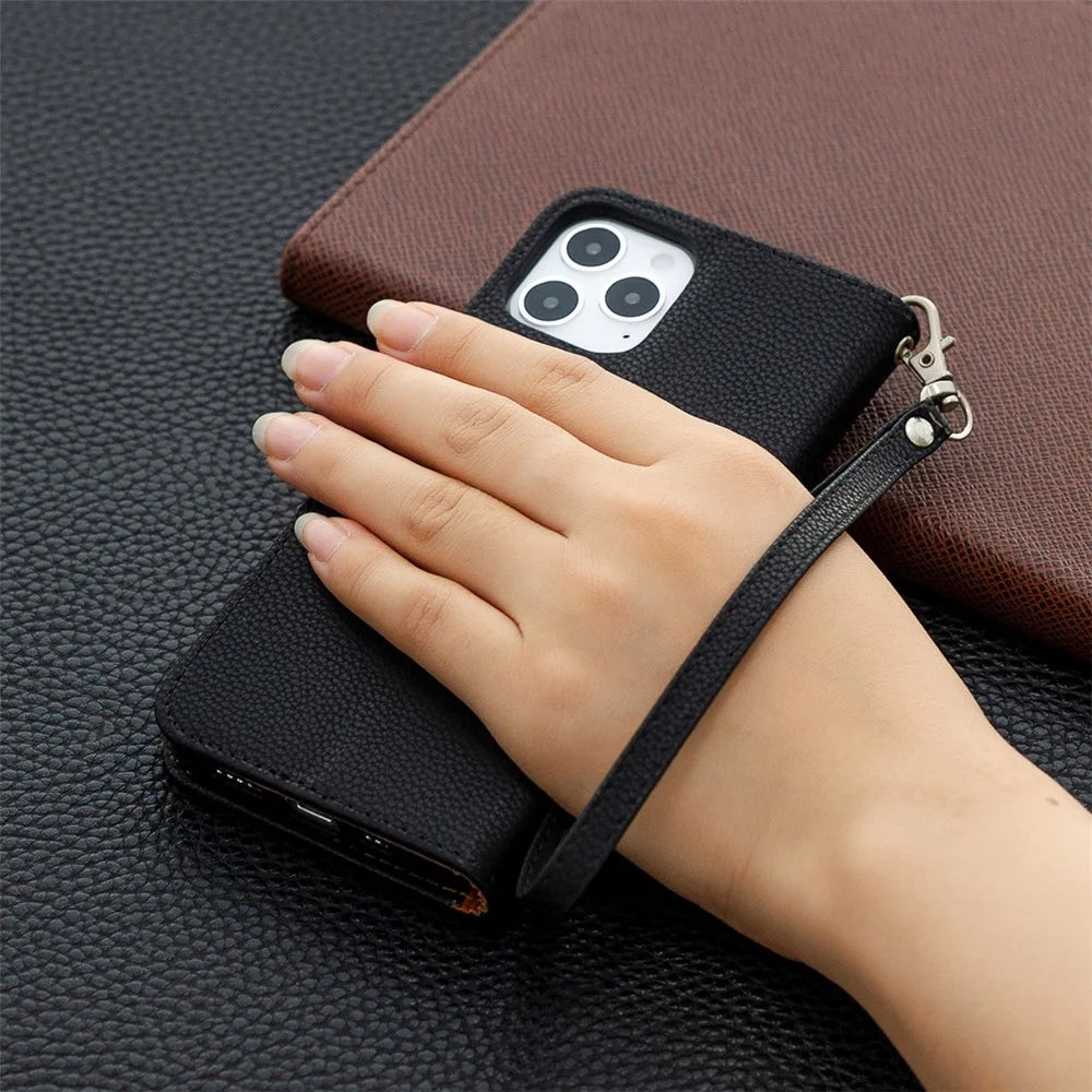 Litchi Surface with Wallet Leather Stand Case for iPhone 12 Pro/12 - Black - 6