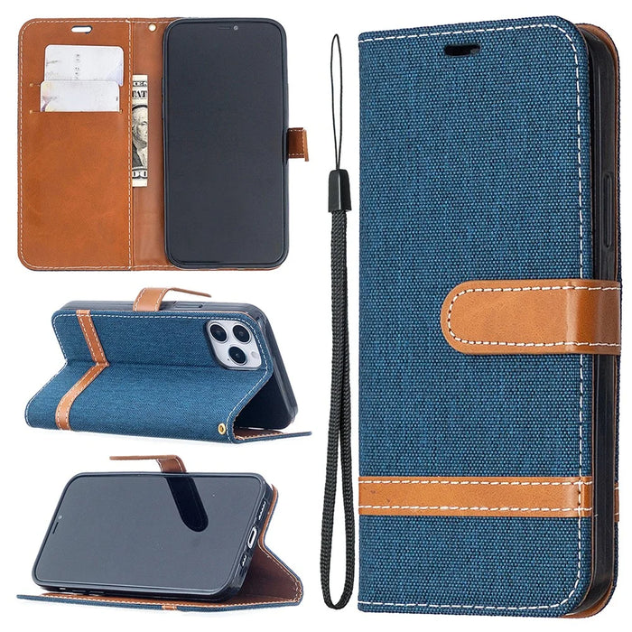 Color Splicing Jeans Cloth Texture Leather Shell for iPhone 12 Pro/12 - Dark Blue - 1